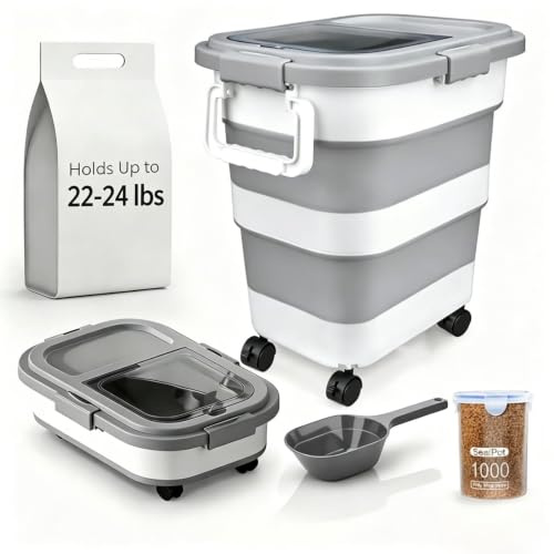 SANNAX Collapsible Pet Food Storage Container 22-24 lbs, Airtight Foldable Dog Cat Dry Food Bin with Detachable Wheels, Handle, Scoop & 1000ml Jar, Space Saving Kitchen Organiser – Grey White