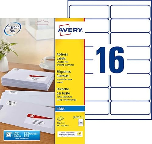 AVERY - 240 anpassningsbara vita självhäftande adressetiketter - format 99,1 x 33,9 mm - Bläckstråleutskrift