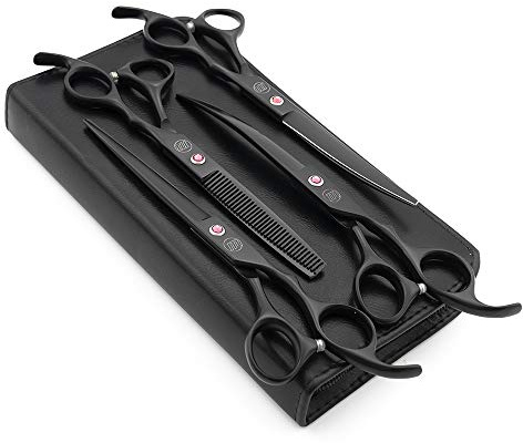 Moontay Professionelles Fellscheren-Set für Hunde, 17,8 cm, 4-teilig, gerade, nach oben gebogen, nach unten gebogen, Effilierschere für Hunde, Katzen und Haustiere, JP Edelstahl, Schwarz