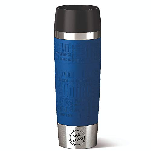 Sterngraf Emsa Isolierbecher MIT Gravur - (z.B. Logo) - TRAVEL Mug Grande XXL Manschette Blau, 500ml, 4h heiß/ 8h kalt, 100% dicht, auslaufsicher, Kaffee & Tee Thermo to-go-Becher