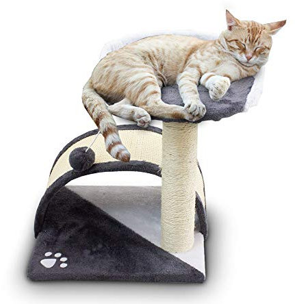 BITUXX® Katzen Kratzbrücke Kratzbaum Katzenkratzbaum mit Liege und Sisalsäule und Plüschbezug (Grau/Weiß)