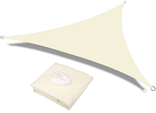 HEYOMART Sonnensegel Dreieck 5 x 5 x 5m Wasserdicht Sonnenschutz inkl Befestigungsseile PES Polyester mit UV Schutz für Garten Terrasse Camping, Cremeweiß