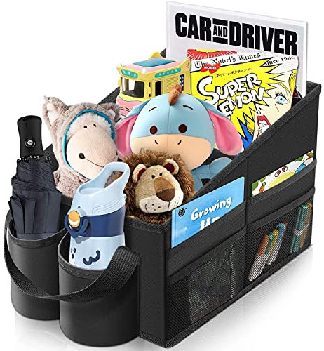 WOCVRYY Autositz Organizer Auto Kinder Rücksitz Zubehör Innenraum Frauen Beifahrersitz Organizer für Spielzeug Bücher Snacks mit Getränkehalter Gurtbefestigung