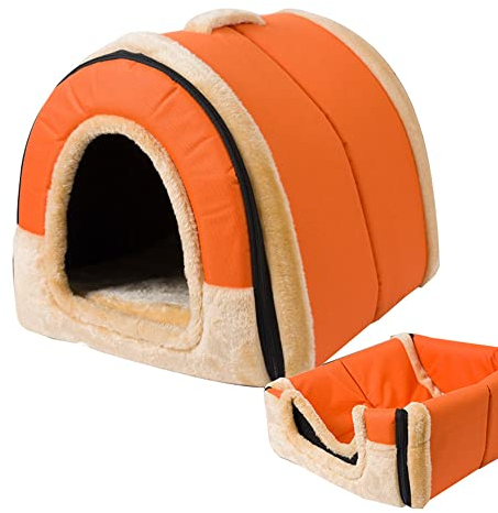 Wangle 2-in-1 tragbares Haustierhaus, selbstwärmend, weiches Hundebett mit Dach, rutschfeste Unterseite, faltbar, Höhle für Haustiere, halbbedeckt, waschbar, Größe XL: 75 x 57 x 55 cm, Stil B
