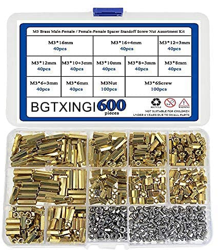 BGTXINGI 600pcs M3 Messing Stecker-Buchse/Buchse Distanzstück Abstandshalter-Schraubenmutter-Sortiment und Edelstahl-Schraubenmutter-Set (Messing M3)