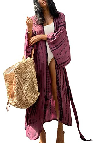 L-Peach Damen Sommer Strickjacke Bikini Cover Up Casual Lose Überwurf Kaftan Strandkleid Sommerkleid One Size