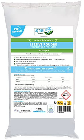 ACTION VERTE - Lessive poudre parfumée concentrée - Elimine toutes les taches - Textiles blancs et couleurs - 196 lavages - Certifié Ecolabel - Sans allergène - sac de 10kg - Fabrication Française