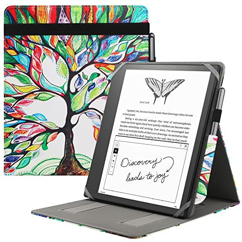 HoYiXi Universal Hülle für 10.2 Zoll Introducing Kindle Scribe (2024 & 2022 Release) / 10.3 Zoll Kobo Elipsa Ereader 2021 Faltbare Vertikal Flip Ständer Schutzhülle mit Stifthalter - Baum