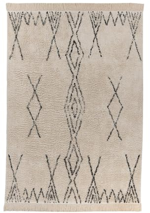 Qiyano Alena Boho Teppich Creme Schwarz 160 x 230 cm, Flauschiger Hochflor Teppich aus Baumwolle, Wohnzimmer & Schlafzimmer, Strapazierfähig, Florhöhe ca. 15 mm