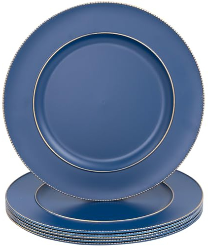 MAONAME Blue Charger Plates, 13 Plastic Round Charger for Dinner Plates, Plate Chargers Set of 6, Beaded Table Chargers for Wedding, Table Setting