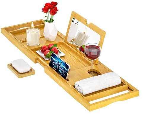 Premium Bathtub Tray Caddy with Makeup Mirror Bamboo - Bath Tray Expandable- Unique House Warming Gifts, New Home, Anniversary & Wedding Gifts for Couple, Bridal Shower Gift for Women