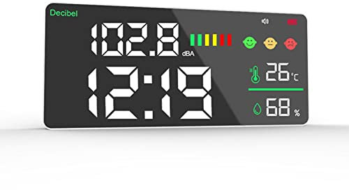 Dezibel Messgerät mit Alarm, 11 Zoll LED Schallpegelmesser mit Temperatur Luftfeuchtigkeits+Uhr dB Messgerät, 4 in 1 Geräuschpegelmesser für Studio Home Office