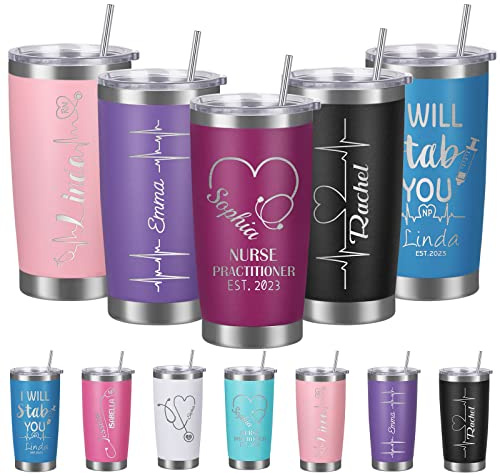 Vasos de enfermera personalizados con tapas de nombre y popotes, vaso de viaje de café aislado personalizado, regalo de graduación RN para hombres y mujeres, acero inoxidable, 20 onzas