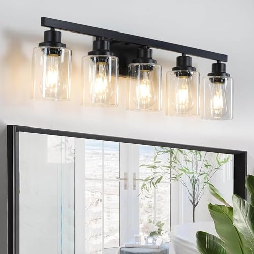 DIKAIDA 5-Light Black Bathroom Vanity Light, Modern Vanity Lighting Fixture for Bathroom, 31 Matte Light Fixture, Wall Sconces with Clear Glass Shade, Black Bathroom Wall Light Over Mirror