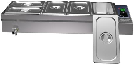 TAIMIKO Bain Marie en INOX Chauffe-Plat électrique Professionnel 2x1/4 GN Pan+3x1/2 GN Récipient 1500W avec Couvercle Robinet de Vidange, Température 30 à 85°C