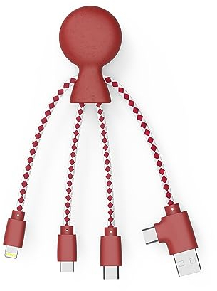 Xoopar - Cable Octopus Multi 4 en 1 - Cargador Universal De Plástico Reciclado - Enchufes USB, USB-C, Lightning, Micro USB - Compatible Con Todos Los Smartphones - Mr Bio Rojo