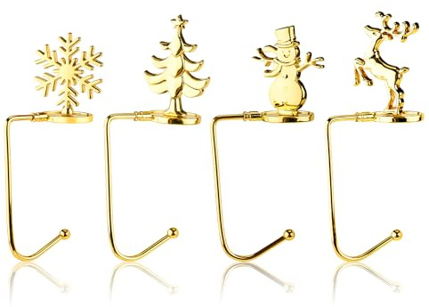PEUTIER 4 Stück Weihnachtsstrumpf Halter, Metall Weihnachtsbaum Elch Schneeflocke Dekorativer Strumpfhalter Weihnachtssocken Haken Kleiderbügel für Kaminsims Kamin Party Zuhause (Gold)