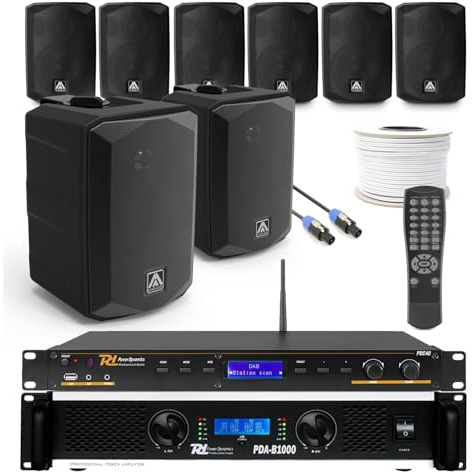 Amate 6.5 Commercial Wall Speaker System – 8x G7 Black Speakers, Amplifier & Media Player with DAB+, FM Radio, Bluetooth, USB – Complete PA Audio Package for Venues & Retail Spaces