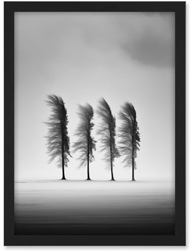Artery8 Still Holding Strong Black and White Winter Landscape Photograph Wind Blowing on a Row of Cypress Hills Artwork Framed A3 Wall Art Print