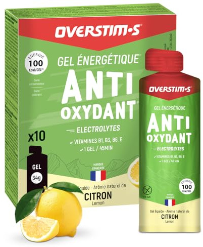 Overstim.s - Gel Antioxydant (10 sachets) - Gel énergétique pour le sport - Limite les crampes - Energie durable - Electrolytes (magnésium, sodium) - Réduit la fatigue - 100 kcal/gel - Saveur Citron