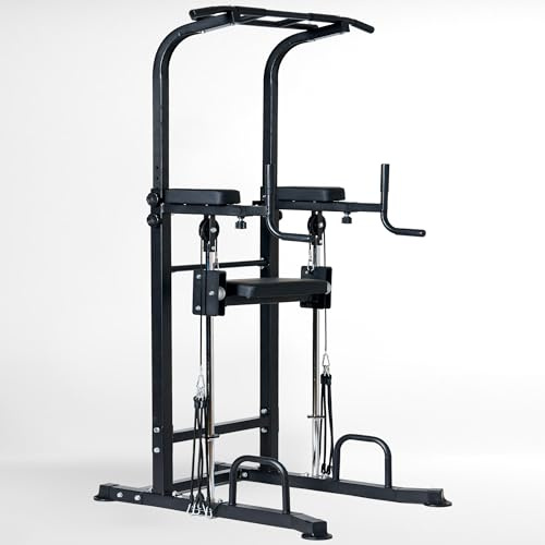 SogesHome Dip Station Power Tower Klimmzugstange mit Armlehne Rückenlehne und Ausübungshilfsmittel für Krafttraining zu Hause, 10 Stufen Höhenverstellbar, Kapazität 200 kg