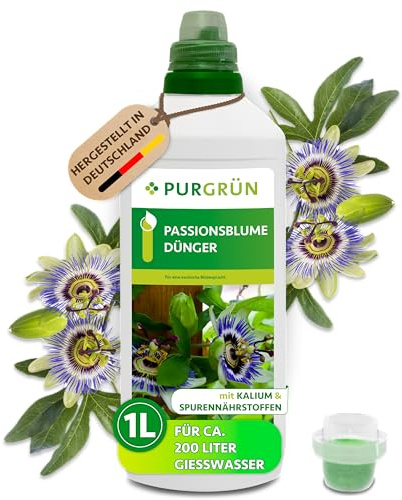 Purgrün® Passionsblume-Dünger 1 Liter – Spurennährstoffe für exotische Blüten – Extra Kalium fördert die Widerstandskraft – Ergiebiges Konzentrat für 200 Liter Gießwasser – Premium-Flüssigdünger
