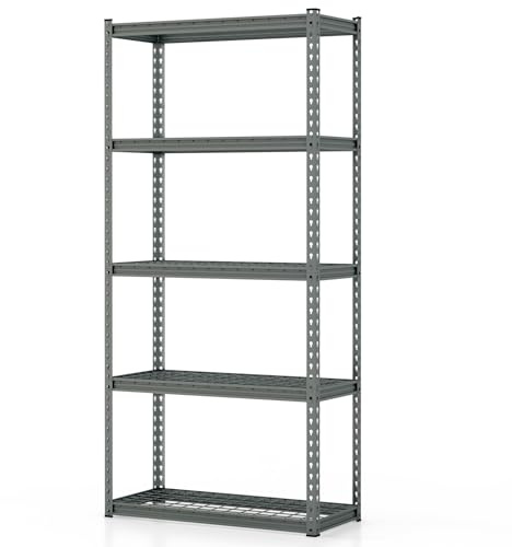 TANGZON 4/5-Tier Garage Shelves, Metal Shelving Units with Anti-slip Foot Pad & Anti-tipping Device, Heavy Duty Racking Shelf Storage Organizer for Home Office Workshop (Gray, 5 Tier, 91 x 40 x 183)