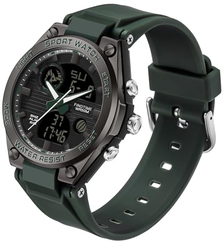 findtime Montre de sport numérique pour femme avec double heure, date, rétro-éclairage, semaine, alarme, chronomètre, Vert foncé, Sangle