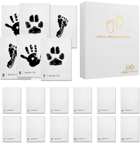 Tintenlose Baby-Meilensteinkarten, 1 Monat bis 12 Monate, Hand- und Fußabdruck-Set, Hunde- oder Katzenpfotenabdruck-Set, sicheres tintenloses Pad, Hello World, Erinnerungs-Set für Neugeborene (14
