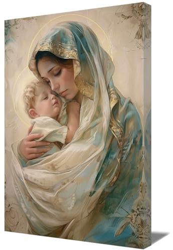 ZQQART Jungfrau Maria Leinwand Wanddrucke Madonna Betendes Heiliges Porträt Mutter Maria Hält Jesuskind Gemälde Katholisches Bild Christliche Kirche Religiöses Dekor (C,40x60cm)