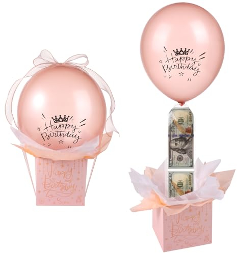 Pull Money Balloon Box for Cash Gift, Funny Happy Birthday Surprise Set with Ribbon Holder, Surprising Money Box Pull Out Gifts for Girlfriend Wife (Rose Gold)