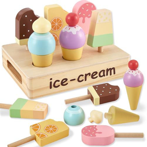 HERSITY Puesto de Helados Juguete Madera, Cucuruchos y Polos de Helado Heladeria Niños, Comida para Cocinitas de Juguete Tienda de Compra Juego de Simulación para Infantil Niñas de 3 4 5 Años