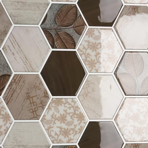 CRE8TIVE Sechseck Fliesenaufkleber Beige Braun Selbstklebende Fliesen Holzoptik Wasserfest Klebefliesen Bad Küchenrückwand Vinatge Wandfliesen Selbstklebend Waschküche Kamin 4 Stück 30.5cm x 30.5cm