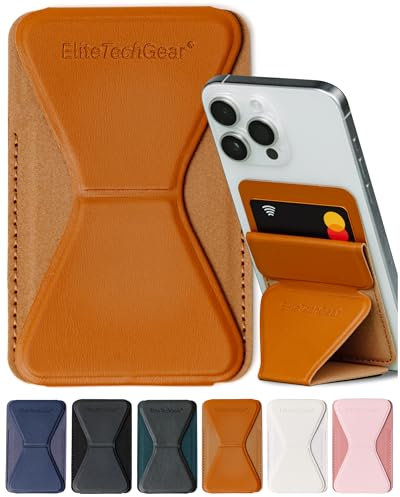 Elite Tech Gear Phone Card Holder Wallet with Adjustable Adhesive Stand – Compatible with iPhone and Android – Credit Holder for Men and Women, Brown - Phone Wallet