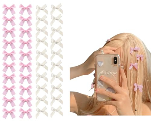 40 Pcs Mini Bow Hair Clips,Satin Small hair Clips,Bowknot Barrettes Hair Ribbon Alligator Clips Pink Hair Bows for Girls Baby Women(Pink and White)