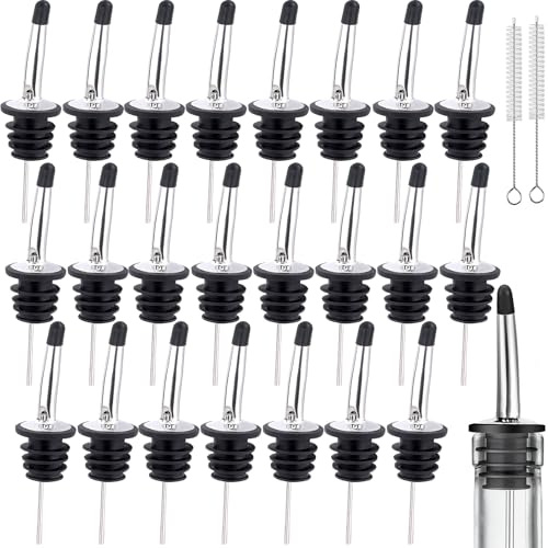 Liquor Bottle Pourers for Spirits 24 Pack Stainless Steel Freeflow Drink Speed Pourer Wine Olive Oil Bottle Pourers Tapered Spout with Rubber Dust Caps (Silver)