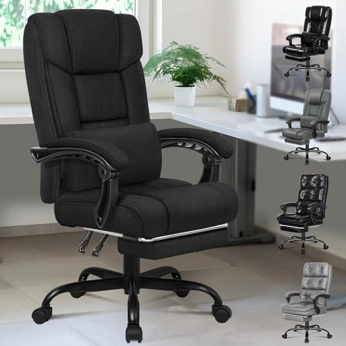 ELFORDSON Office Chair with Lumbar Cushion, Ergonomic Gaming Chairs with Footrest, High Back Heavy-duty Chair, 150° Backrest Recliner, Adjustable Height, Swivel, Linen, Black