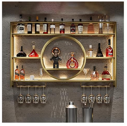 Metall-Barschrank mit 3 Etagen, Wandmontage, mit Weinglashalter und Weinflaschenregal, goldfarben, für Zuhause, Restaurant, Bar, 160 x 80 x 15 cm