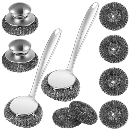 Steel Wool Scrubber Detachable Stainless Steel Scrubber Ergonomic Handle Stainless Steel Wool Scrubber Reusable Stainless Steel Dish Scrubber for Cleaning Dishes 7(10PCS)