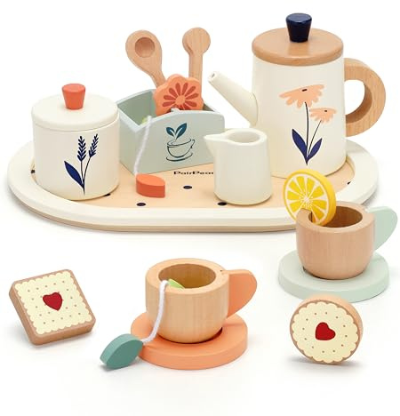 PairPear Holzspielzeug Teeparty-Set für Kinder Pretend Play Küchenzubehör für Kinder Rollenspiel Teeparty Geschenk für Mädchen Jungen Kleinkinder