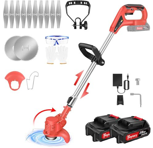 Garden Cordless Strimmer, Strimmers, Electric Cordless, Grass Strimmer, 10,000 RPM, Metal Blade Strimmer with 2 X 21V Lithium Battery Fast Charger and 12x Metal Blades for Garden Clearing Weeds