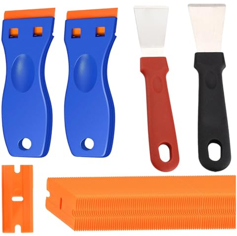 2 Pieces Blue Plastic Tools with 100 Replacement Tool Accessories and 2pcs Stainless Steel Cleaning Tools, Tool Kits for Cleaning Labels, Decal in The Glass, Window, Floor, Car, Grime/Grease On Oven