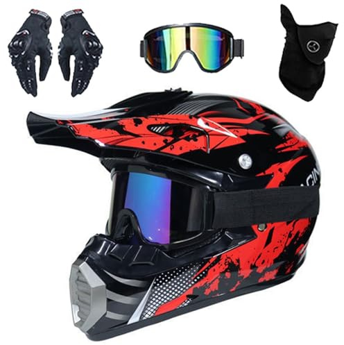 Casques de Moto VTT Pour Jeunes Enfants, Casque IntéGral Pour Enfants Avec MentonnièRe RéGlable Pour GarçOns Et Filles, BMX, Cyclisme Avec Lunettes, Masque, Gants, Approuvé Par Le DOT(S(52-53cm))