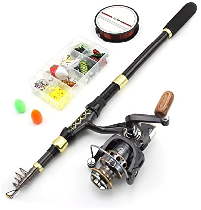 Kit canna da pesca corta da 2,1 m, canna da pesca retrattile in fibra di carbonio e mulinello Combo con lenza, esca bionica, gancio e borsa per il trasporto ()