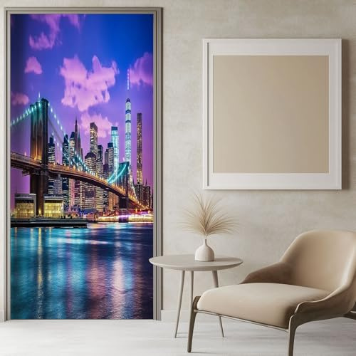Adesivi per Porte 3D per porte interne Ponte Di Brooklyn Di Notte, New York 77x200 cm Blu Viola Autoadesivo Poster murale Decalcomanie Rimovibile Soggiorno Cucina Camera da letto Decorazione Parete