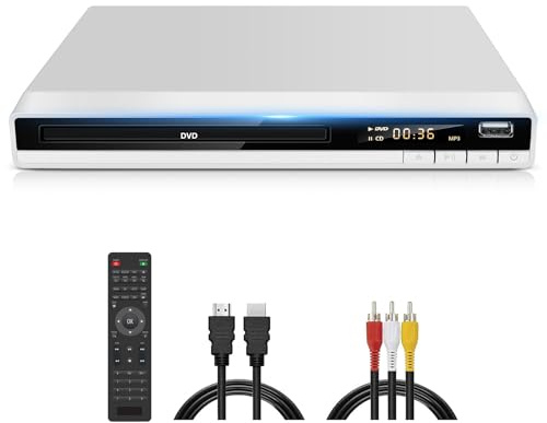 Lecteur DVD Blanc, Lecteur DVD HD Multi-Régions pour TV, Lecteur DVDs et CD pour Système Stéréo Domestique avec Entrée USB, Sorties HDMI et RCA, Systèmes PAL et NTSC Intégrés, Mise à l'Échelle 1080P