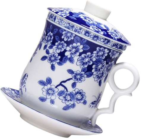 Warmhm Teiere con Filtro e Piattino Tazza da Tè Porcellana con Antipolvere Design Retrò per Cerimonie e Uso