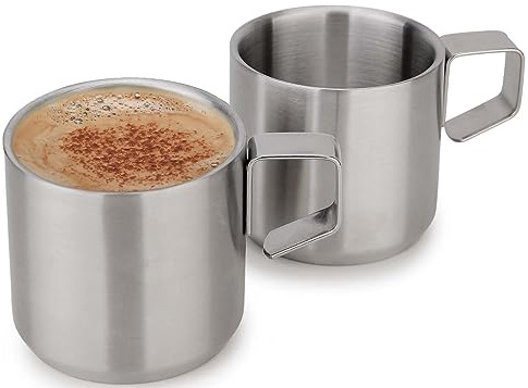 HOMSPE Set di 2 tazzine da caffè in acciaio inox, a doppia parete, infrangibili, per eventi all'aperto, picnic, feste, argento, 141,7 g