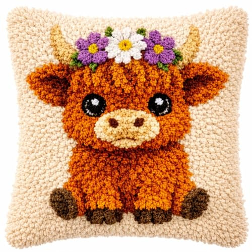 YOOTOM Calf Latch Hook Pillow Kits,Cushion Cover Making Crafts | 17x17 inch Pre-printed Cushion Making Kits,All-in-one DIY crochet Throw Pillow Cover
