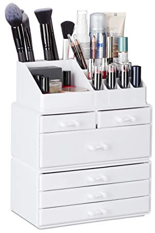 Relaxdays Kosmetikorganizer mit 6 Schubladen, 22 Fächer Make Up Organizer, Große Schmink-Aufbewahrung aus Acryl, weiß, 10024643_49